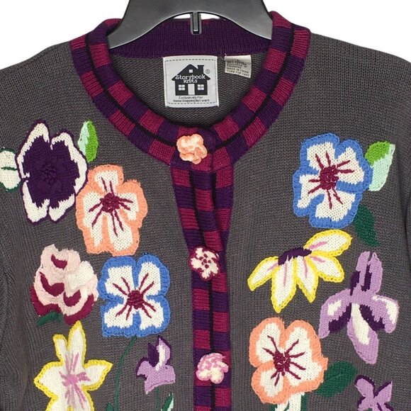 Storybook Knits Womens Embroidered Floral Cardigan Sweater Button Up Sz Large - Picture 3 of 13